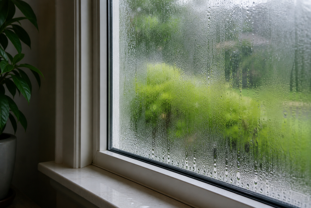 Water droplets on a living-room window showing indoor humidity and condensation