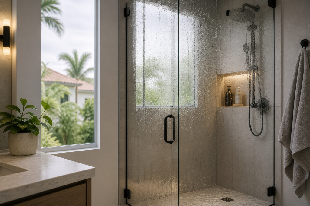 Modern shower with water droplets and greenery illustrating humidity challenges
