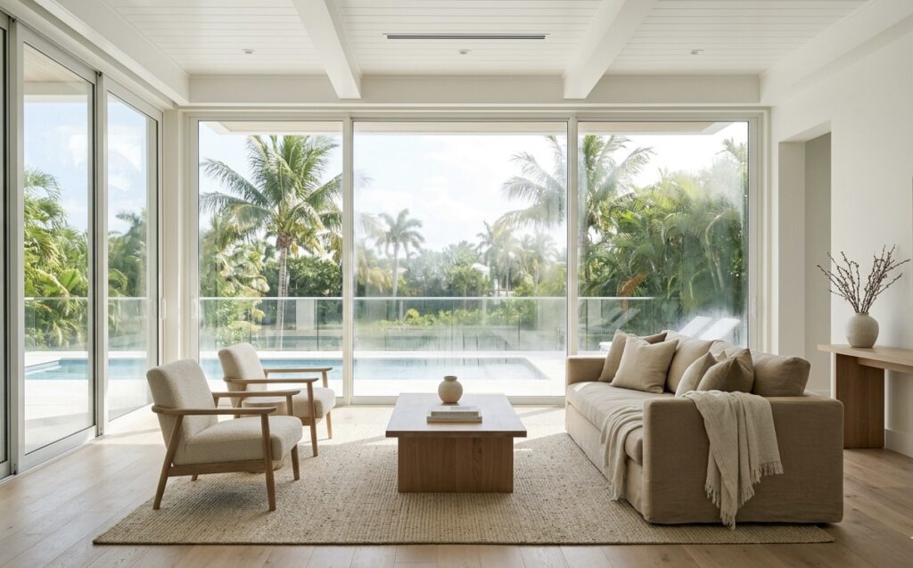 Living room with plants and an open window showing how humidity affects indoor odors