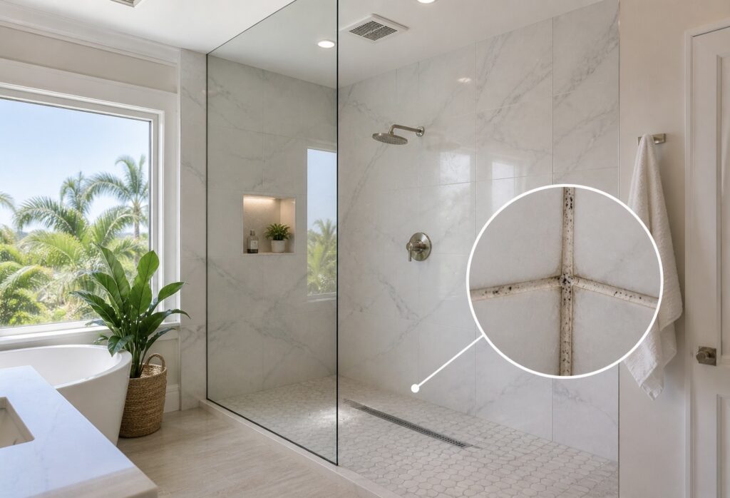 Bathroom grout and caulk holding moisture with visible mold spots